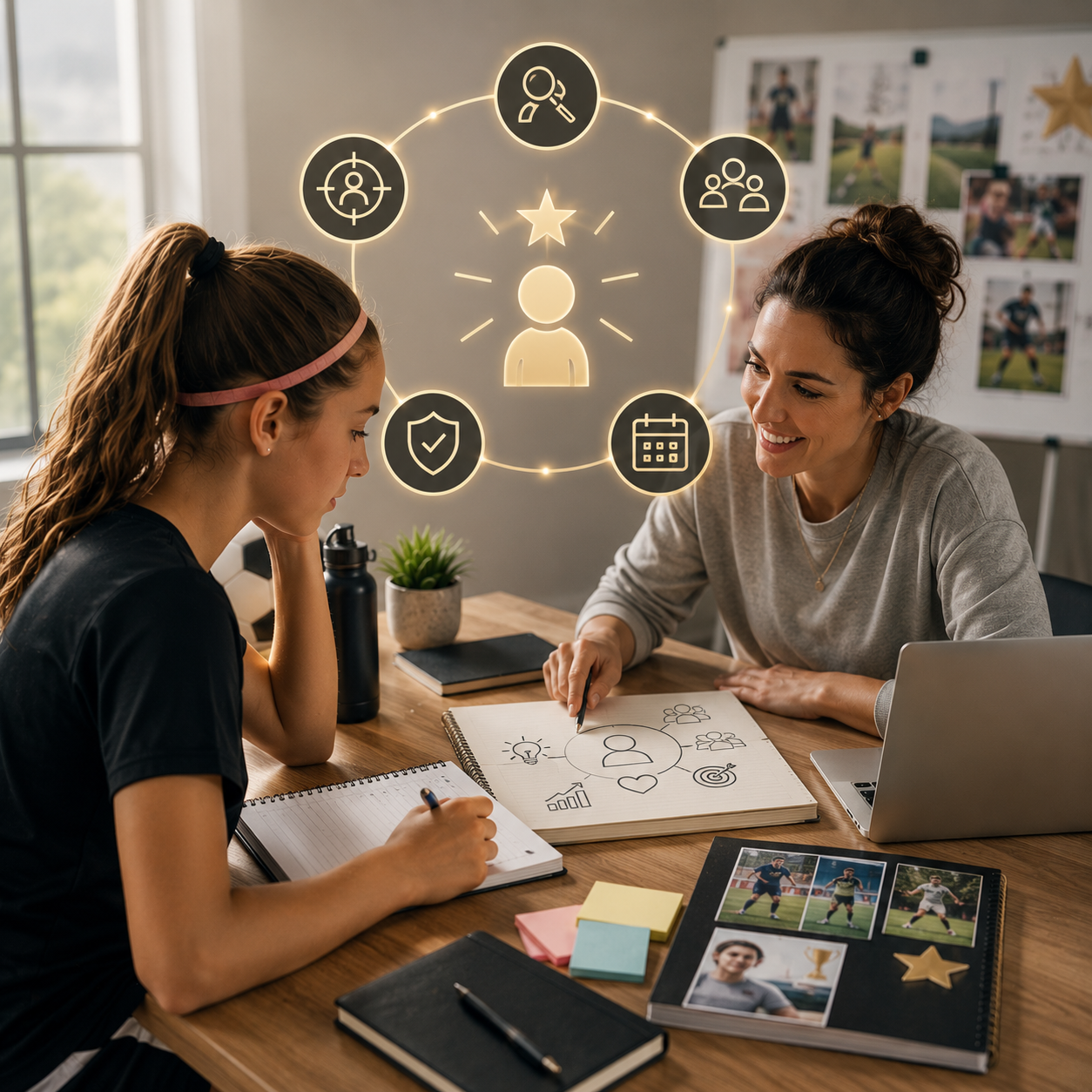 Two women sitting at a table with a laptop and notepads, discussing ideas.
