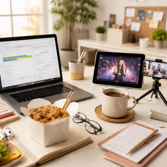desk with chinese food, a lap top and ipad. 