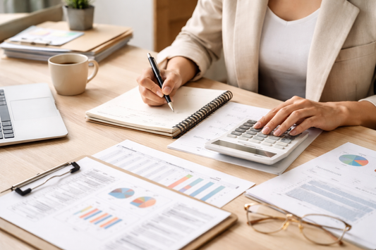 Woman sitting at desk with pen and notebook with calculator and financial documents