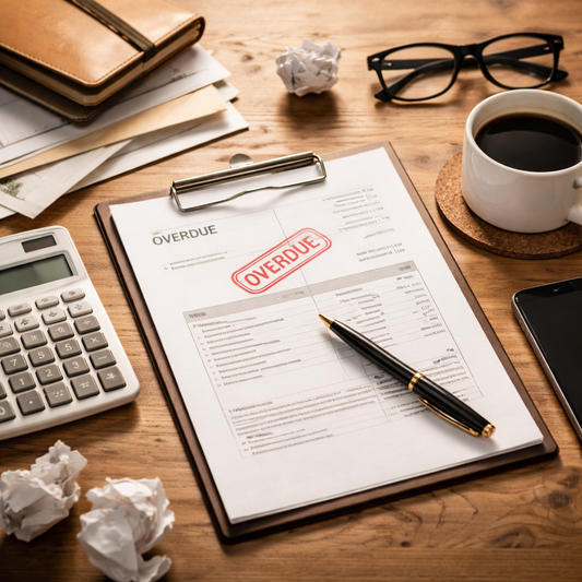 desk with overdue invoice, coffee and calculator
