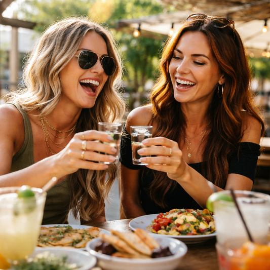 two women sharing a meal and cheers-ing with shots of clear liquid