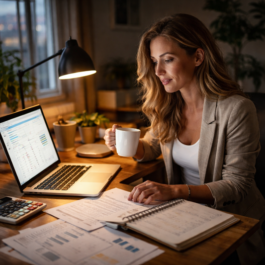 woman working at a desk, drinking out of a coffee mug, reviewing paperwork with an open laptop