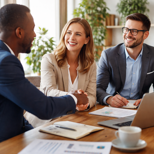 three business people sitting at a table with a computer and papers, shaking hands