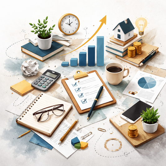 collection of images including a clock, clip board, coffee cup, house, upward graph