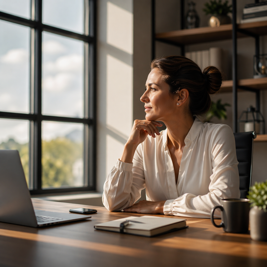 Professional woman seated at a modern office desk, looking thoughtfully out a sunlit window beside a laptop, notebook, coffee mug, and phone in a calm contemporary workspace.