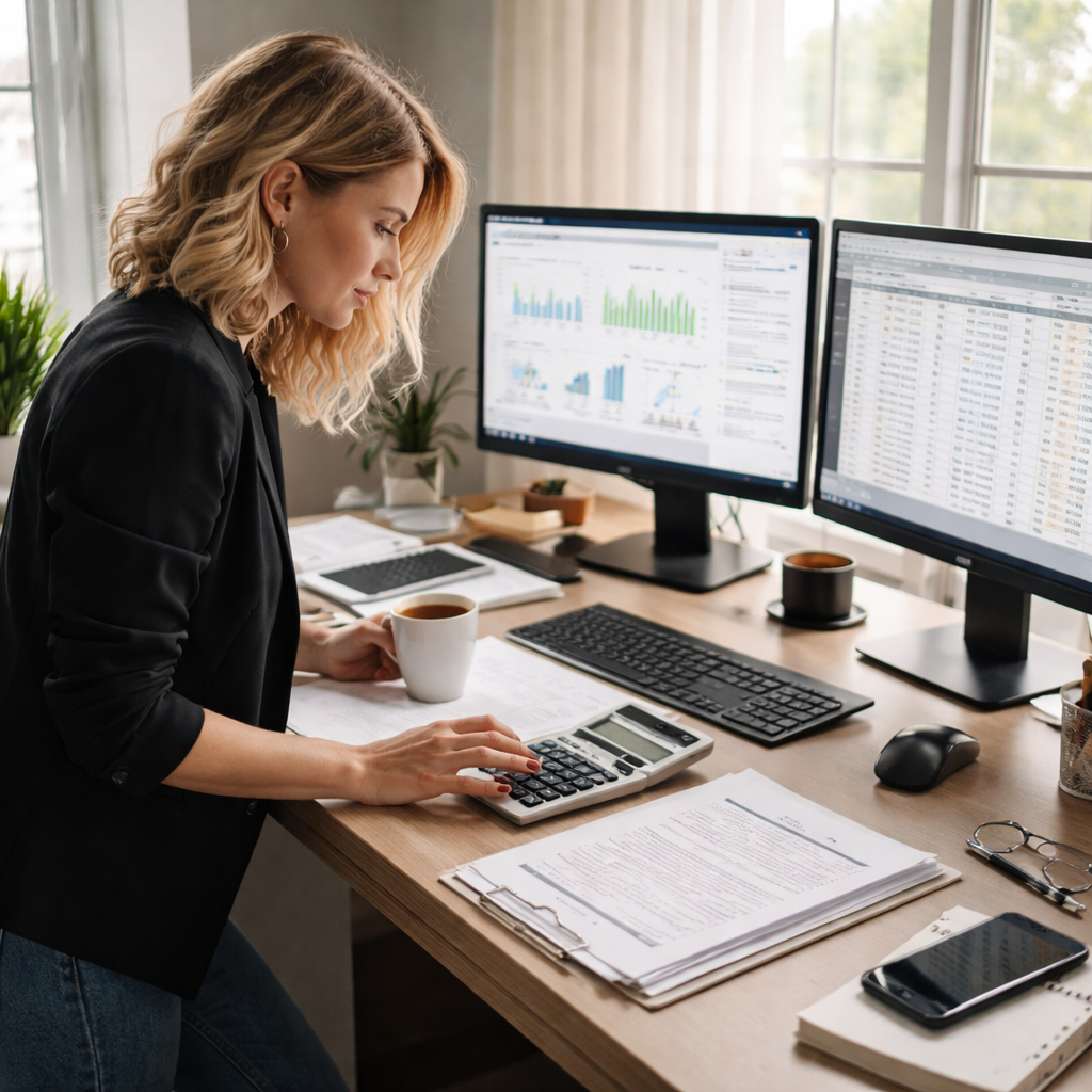 Woman standing at desk reviewing two computer screens and using a calculator. 