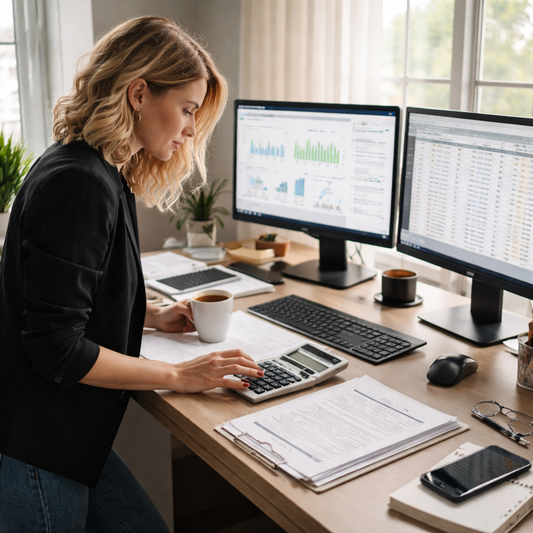 Woman standing at desk reviewing two computer screens and using a calculator. 