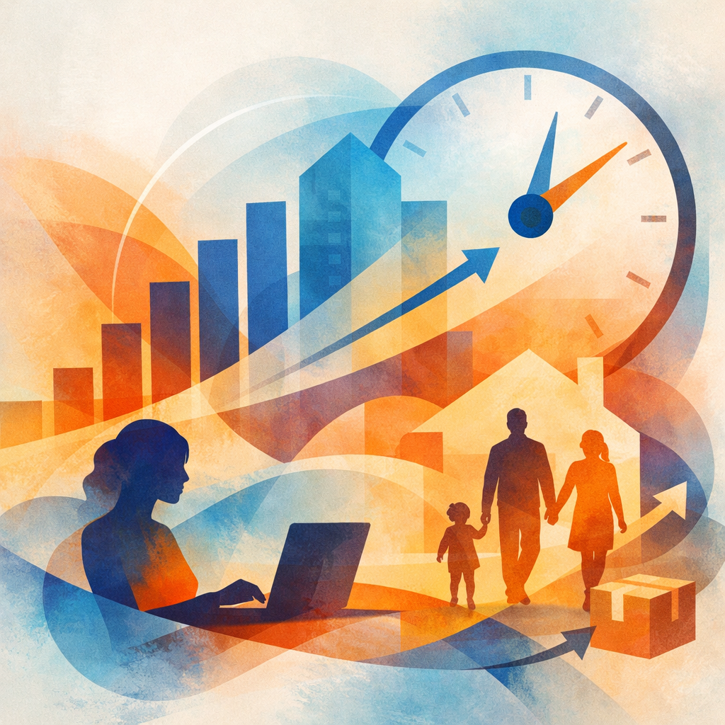 abstract image with a clock, upward pointing graph, woman working on laptop, three person family walking together in background