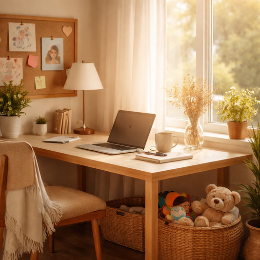 Home office desk in front of sunny window with laptop and stuffed animals underneath
