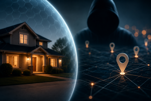 Abstract image of a suburban home behind a protective shield beside a dark digital map with glowing location markers, symbolizing online privacy and safety risks.