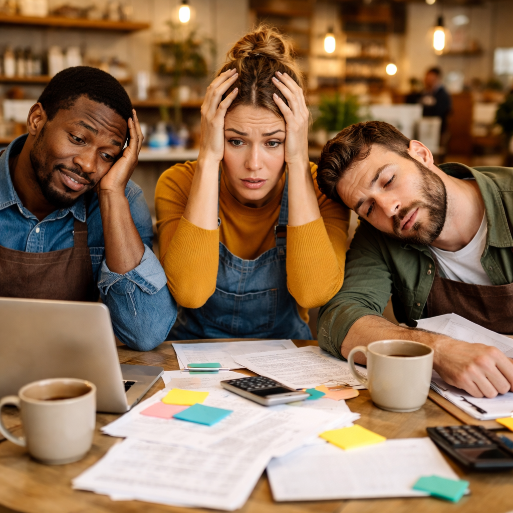 group of 3 coworkers overwhelmed by a stack of papers