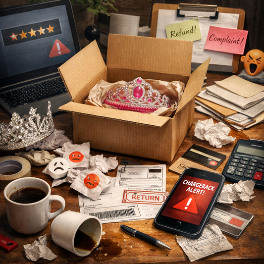 cluttered desk with a charge back alert on a phone, spilled coffee, a one star review on the computer