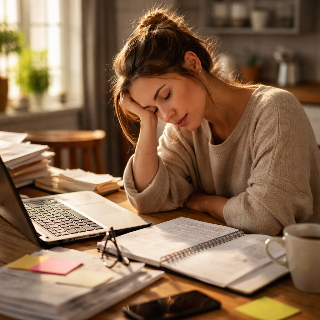 A tired woman sits at a desk in a home office, resting her head in her hand while surrounded by a laptop, notebooks, papers, and a coffee cup, with warm sunlight highlighting her exhausted expression.