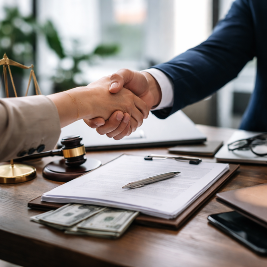 Handshake in business with desk with professional items