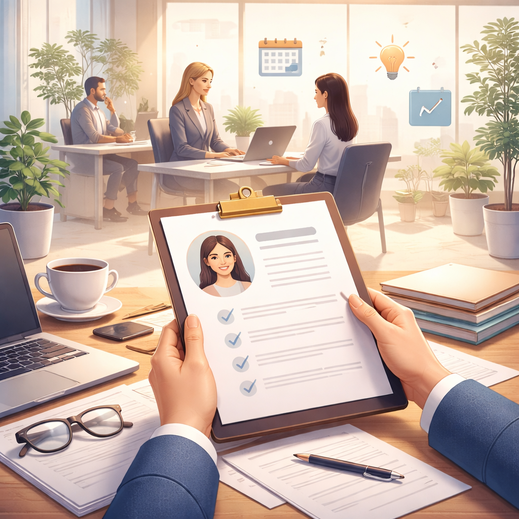 resume being held in front of a desk with a computer glasses and other paperwork with people being interviewed and working in the background