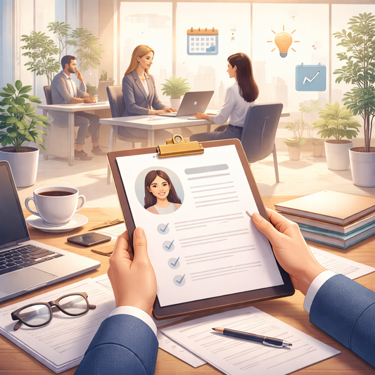 resume being held in front of a desk with a computer glasses and other paperwork with people being interviewed and working in the background