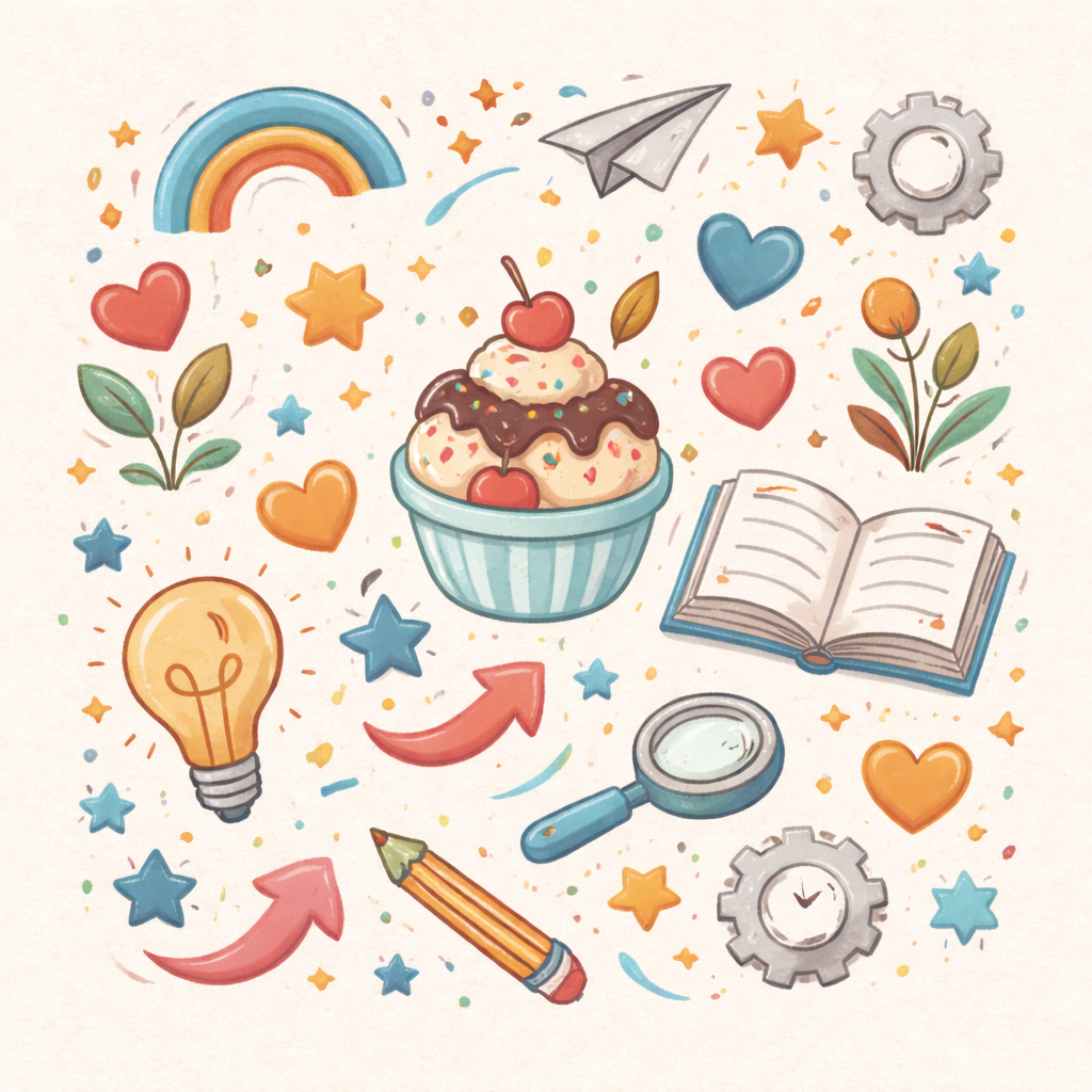 image with rainbow, ice cream, light bulb, open book, pencil, gear, magnifying glass