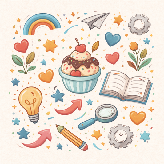 image with rainbow, ice cream, light bulb, open book, pencil, gear, magnifying glass