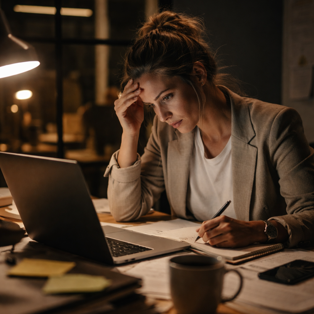 Woman working late at a desk, focused on writing notes beside a laptop, surrounded by paperwork and coffee in a dimly lit office.