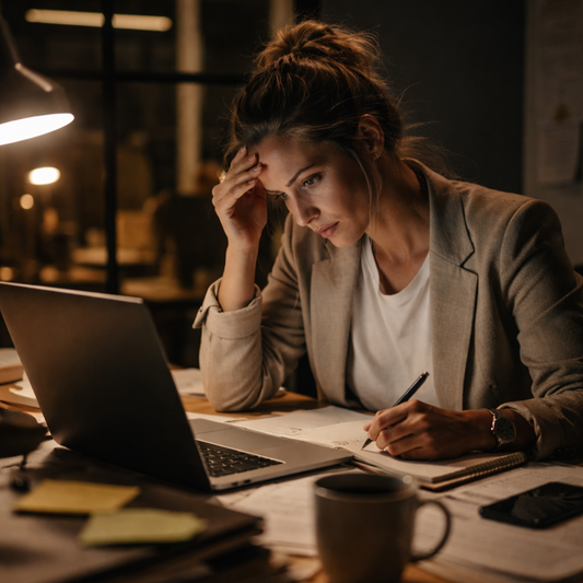 Woman working late at a desk, focused on writing notes beside a laptop, surrounded by paperwork and coffee in a dimly lit office.