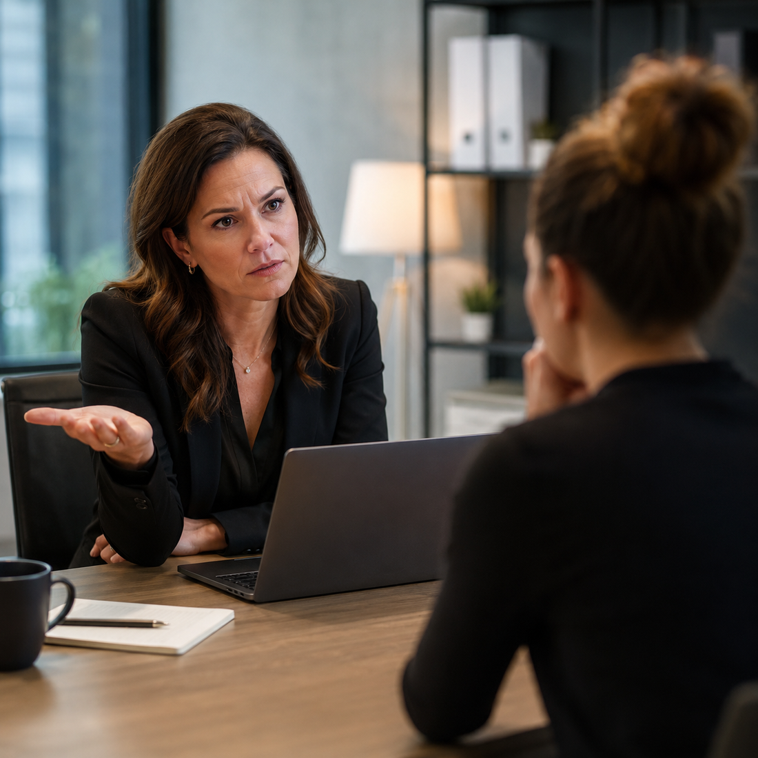 Professional business discussion between manager and employee in a modern office setting.