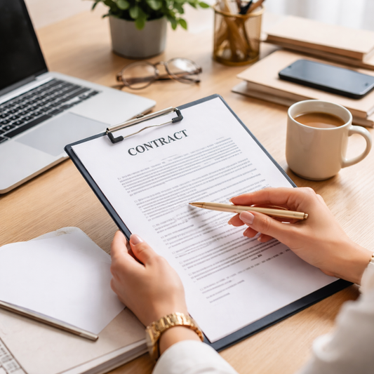 Desk with computer in the background and woman holding a contract she is reviewing