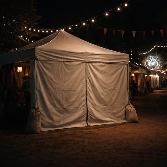 white pop up vendor tent at night on festival grounds