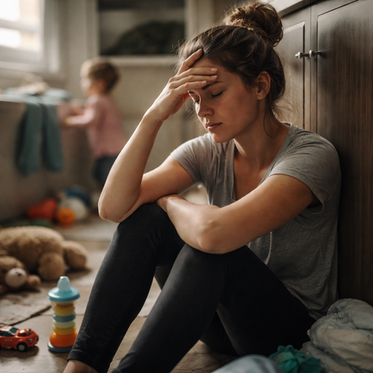 Exhausted mother sitting on a bathroom floor with baby toys scattered around, while a toddler plays in the background.