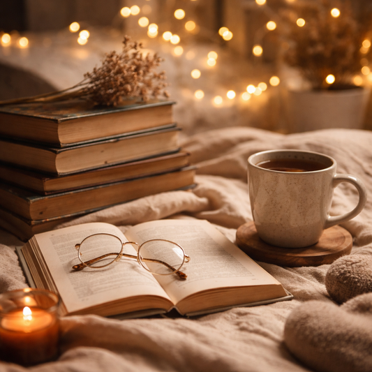 stack of books, cozy low lighting, mug of tea and twinkle lights in the background