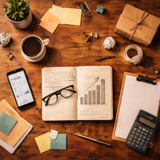 desk with collection of items, journal, eye glasses, coffee cup, phone, calculator, clip board