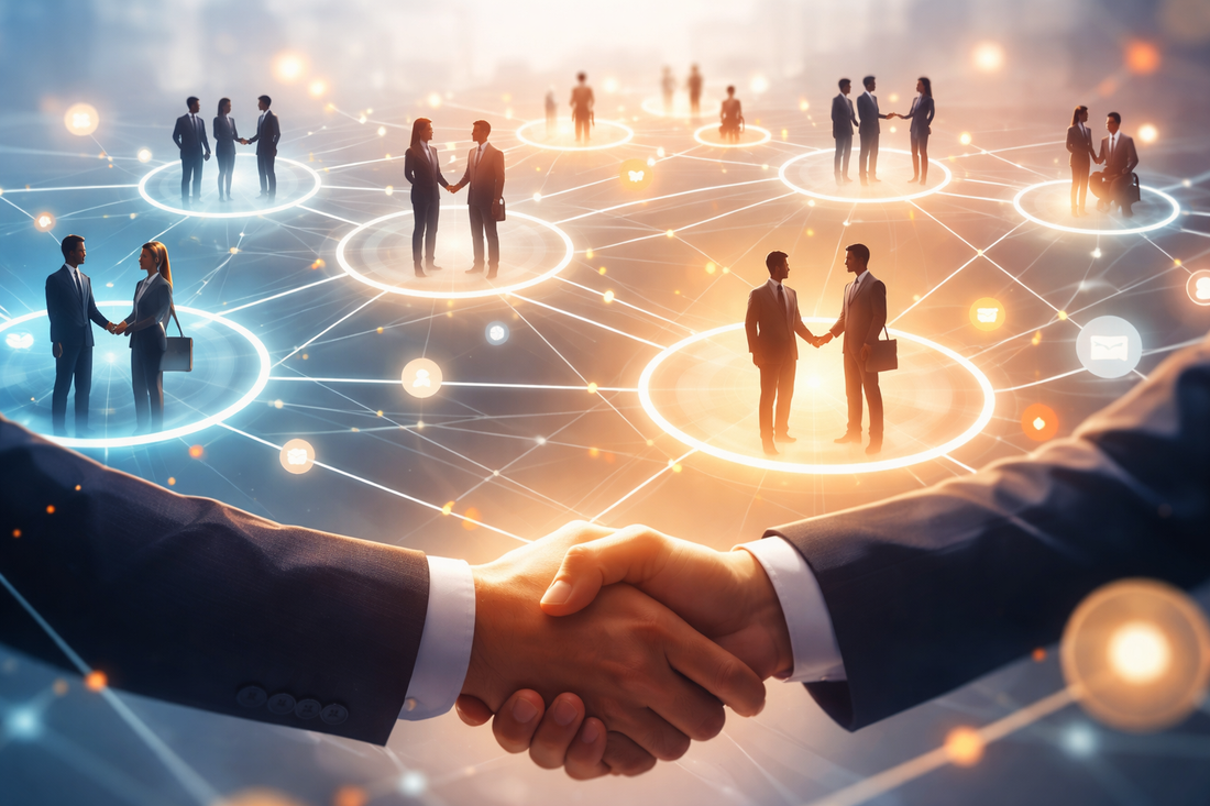 Two hands shaking with several pairs and small groups on people in the background networking 