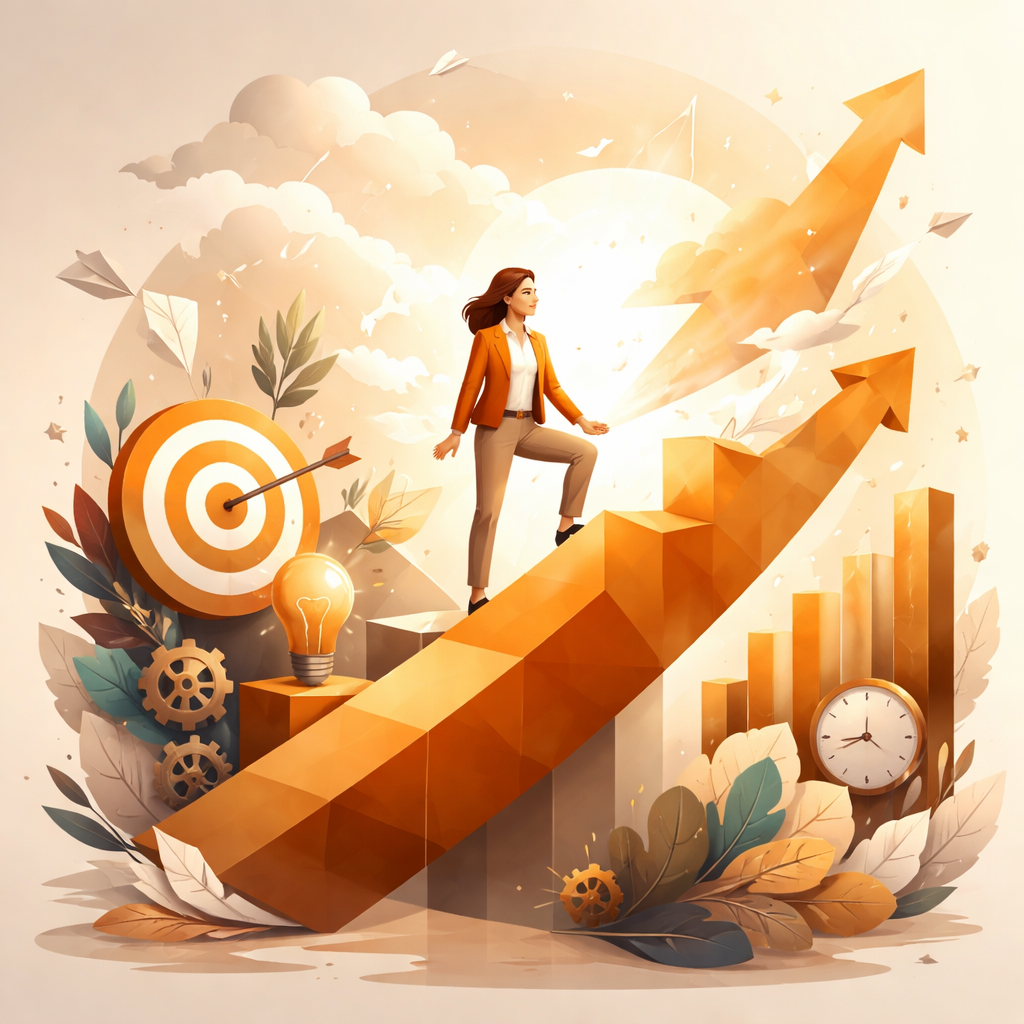 woman climbing a stair case arrow up with a bull's eye with an arrow in it
