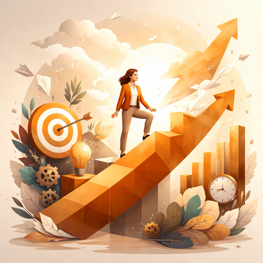 woman climbing a stair case arrow up with a bull's eye with an arrow in it