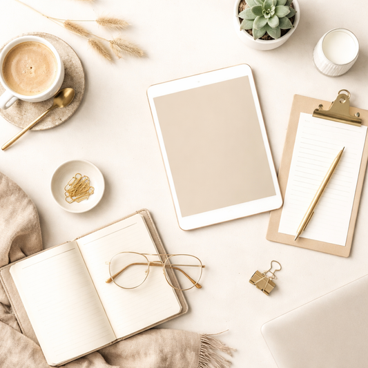 beige image of a desk with an ipad, coffee cup, open book and glasses(