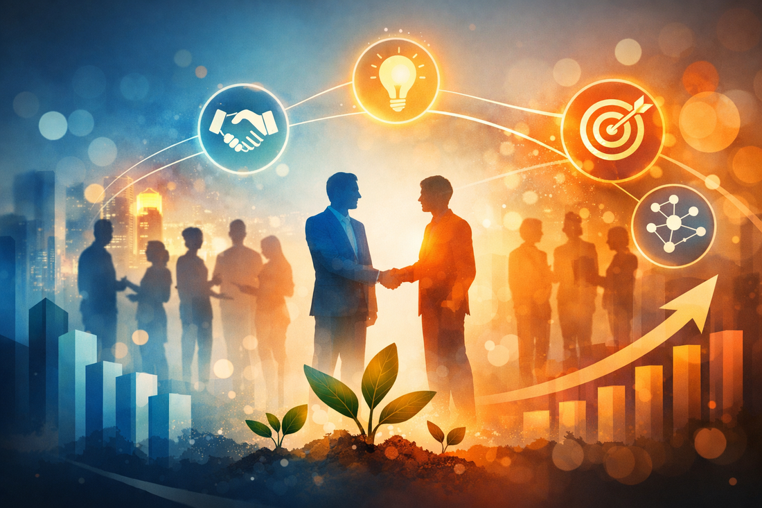 abstract image with multiple figures networking, two figures shaking hands