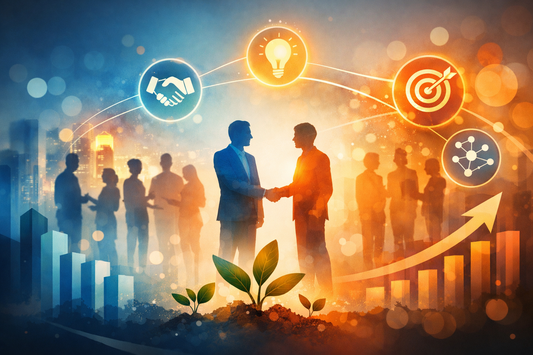 abstract image with multiple figures networking, two figures shaking hands