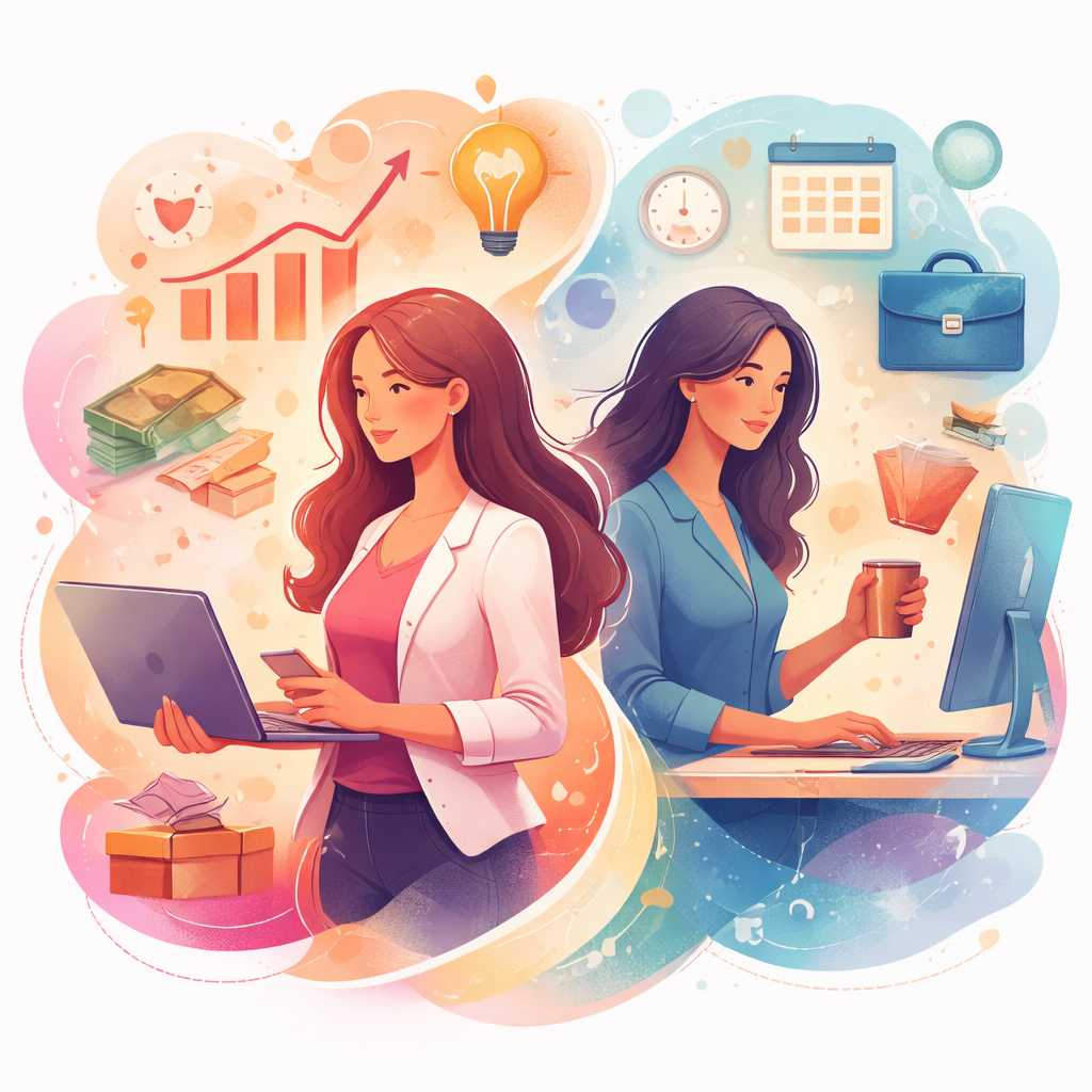woman with a laptop vs woman with a desk top computer standing back to back