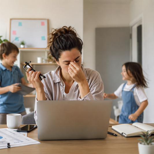 Overwhelmed working mother sitting at a desk with a laptop in a home office, rubbing her eyes while two children play in the background, illustrating the challenge of balancing business responsibilities, parenting, and mental load.