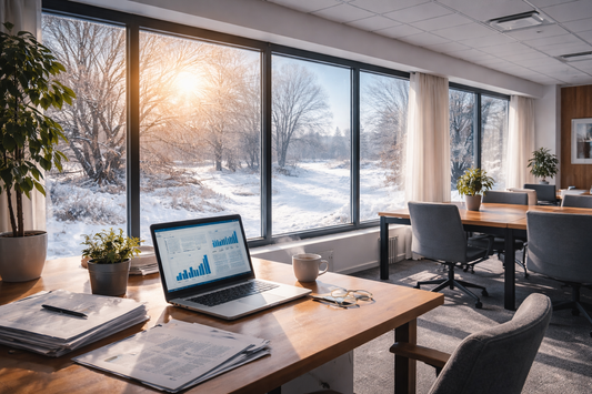 desk with laptop in front of window with snowy winter scenery