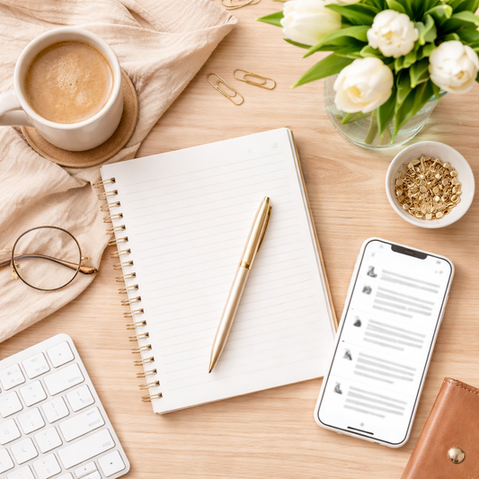 stock photo with notebook, coffee mug and cell phone