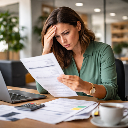 Frustrated business owner reviewing an invoice at a desk with laptop, calculator, and paperwork in a modern office setting