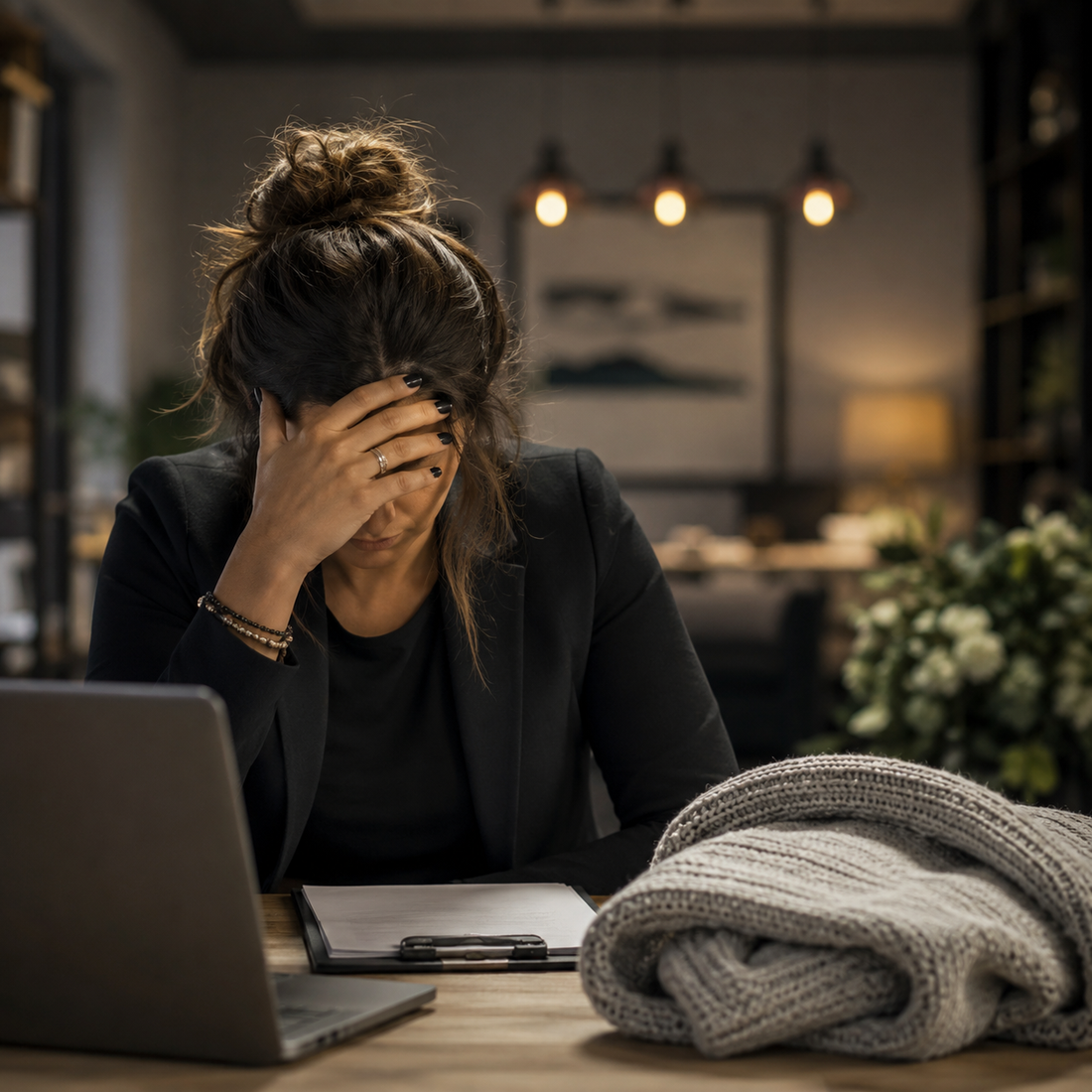 Stressed business owner at desk with laptop and folded blanket in a modern office.