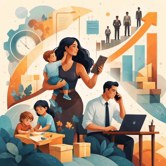 woman with ipad holding toddler with business graphics behind, a man working on a laptop with kids playing at a table. 