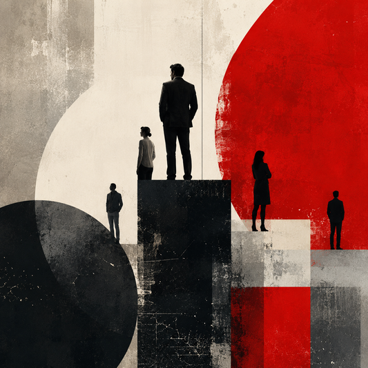 Abstract business silhouettes standing among bold geometric shapes in red, black, and cream tones.