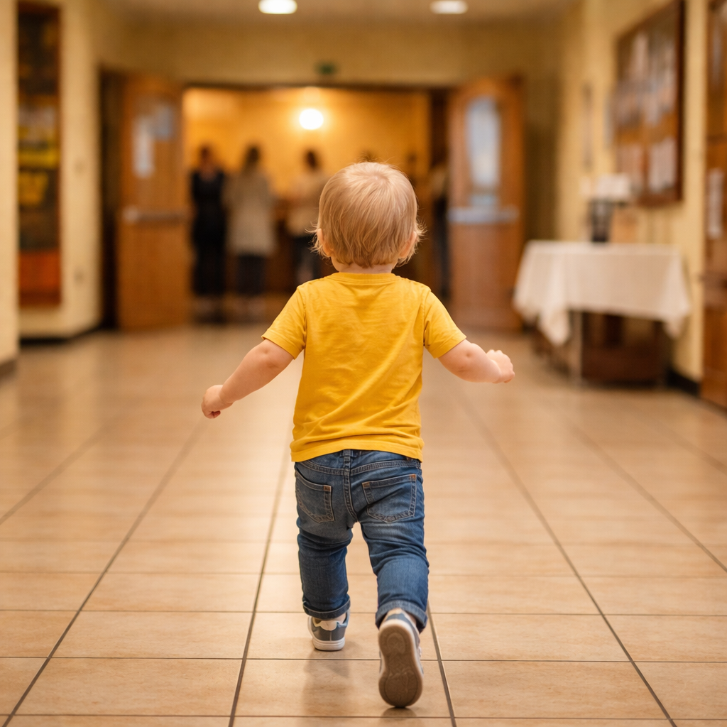 Toddler running away down a church lobby hallway with tile floors, heading toward open sanctuary doors in the background