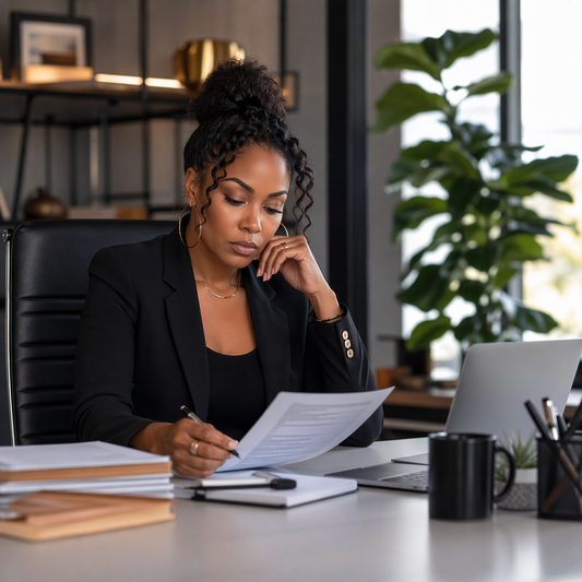 Professional woman seated at a modern office desk reviewing paperwork with a pen in hand beside an open laptop, coffee mug, and stacked documents in a calm, upscale workspace with natural light and greenery.