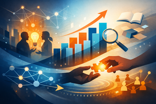 abstract image with two hands handing off a puzzle piece, a rising graph, a light bulb between two humanoid figures talking