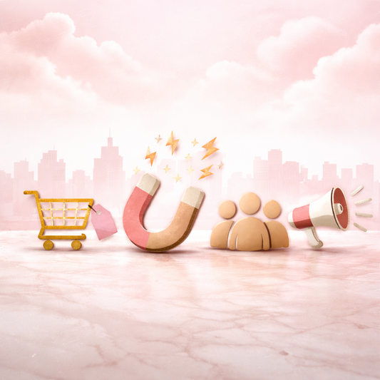 icons for shopping cart, magnet, social media people, bull horn