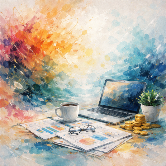 abstract image of a computer, coffee cup, plant, stack of gold coins and papers