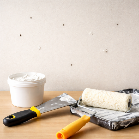 white wall with holes, tub of spackle, spackle spatula, paint roller with paint dish